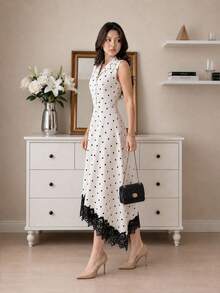 NOVVYNE Abito da donna, elegante abito midi senza maniche con pois, bordo in pizzo e orlo asimmetrico per invitata a matrimonio - Beige - Visualizzare 6