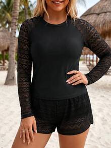 SHEIN Swim 大尺碼女款 2 件式純色長袖收腹坦基尼泳衣，黑色夏季保守街頭風，適合海灘度假派對 - 黑色 - 查看 3