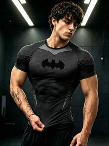 BATMAN X SHEIN Acti Log 男士蝙蝠印花短袖修身運動T恤 - 彩色 - 查看 5