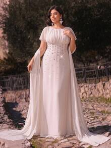 Aureia Plus Size Elegant Formal Romantic Fashion Pink Chiffon Fabric Rhinestone Embellished Ruched Bodycon A-Line Party Evening Wedding Dress Gown Autumn - Apricot - View 7