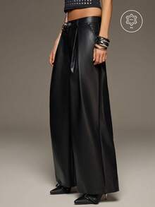 BAD SUNDAY Women's Autumn/Winter Wide Leg PU Low Waist Long Pants, Sexy Grunge Casual Y2K Versatile Outing Halloween Going Out Night Black - Black - View 6