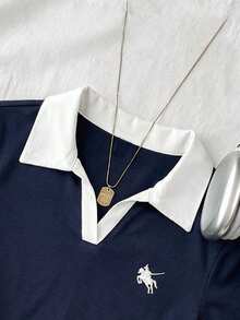 Attitoon Plus Size Women's Equestrian Embroidered Contrast Collar Short Sleeve Casual T-Shirt - Navy Blue - View 3