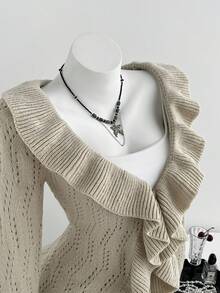 Elamini Sweet Style Ruffle Trim Knit Cardigan, Early Autumn Hollow Out Lace-Up Sweater Jacket, Solid Color V-Neck Versatile Top - Cream - View 4
