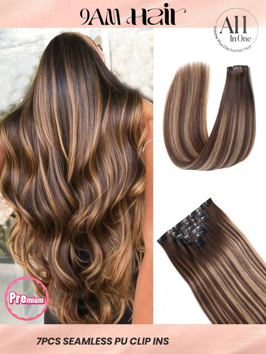 Seamless Clip Ins 7件裝直波浪 TP4/27# 深棕色與焦糖棕色 130g/150g 全頭無縫 PU 夾式接髮片 100% 毛鱗片對齊雙重浸染 Remy 真人髮 高品質隱形夾式接髮 - S4/27 - 查看 1