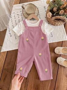 SHEIN Baby Girl Woven Solid Color Floral Pattern Overall Romper - Dusty Pink - View 5
