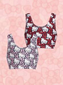HELLO KITTY AND FRIENDS | SHEIN 2 件套少女粉色和红色可爱卡通蝴蝶结图案舒适内衣背心 - 紅色 - 查看 1
