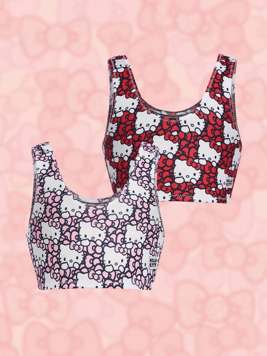 HELLO KITTY AND FRIENDS | SHEIN 2 件套少女粉色和红色可爱卡通蝴蝶结图案舒适内衣背心 - 紅色 - 查看 1
