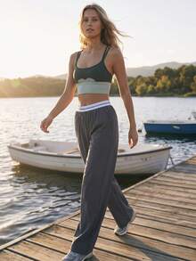 WanderVale Women's Woven Low-Stretch Solid Color Patchwork Waist Casual Long Pants - Dark Grey - View 3