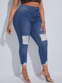 Slaydiva Celana Jeans Slim Fit Kasual Ukuran Besar dengan Efek Lusuh dan Pudar - Medium Wash - View 6