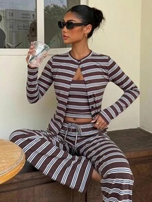 SHEIN EZwear 女款棕色條紋細肩帶背心、長褲與開襟衫休閒法式日常居家居家服旅行套裝，適合秋季早午餐旅行 - 彩色 - 查看 3