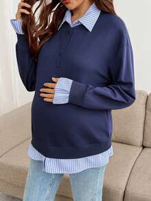 SHEIN Maternity Striped Patchwork 2 In 1 Sweatshirt Fall Teachers' Day Office Party Maternity Photoshoot Formal Navy Blue Casual Elegant - Blue - View 1