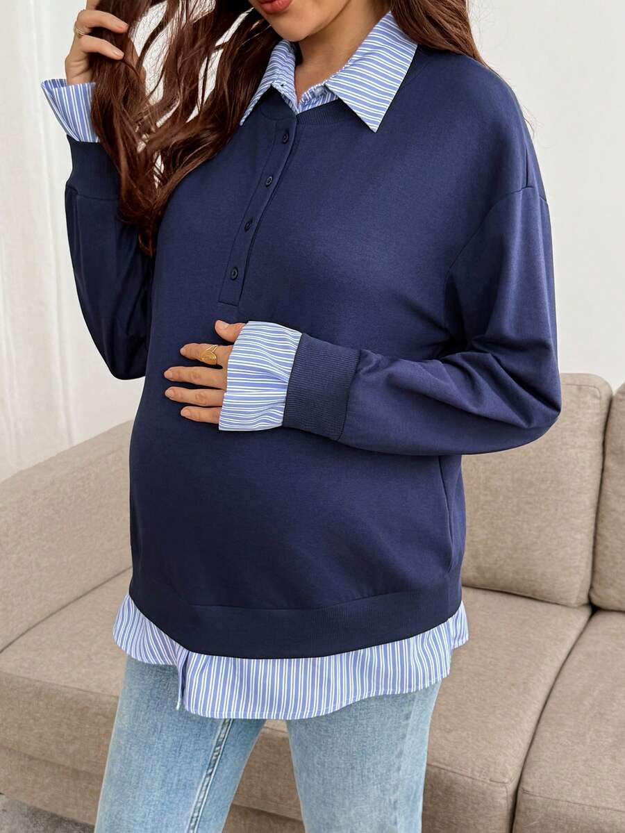 SHEIN Maternity Striped Patchwork 2 In 1 Sweatshirt Fall Teachers' Day Office Party Maternity Photoshoot Formal Navy Blue Casual Elegant - Blue - View 1