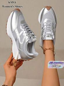 Comfortable Women'S Sports Shoes With Laces - Lightweight Casual Multi-Function, Rubber Sole Non-Slip, Suitable For All Seasons - Silver - View 2