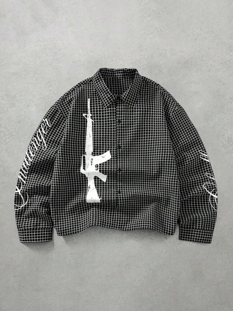 ROMWE MEN Men's Gun Print Pattern Loose Plaid Shirt - Black - View 1