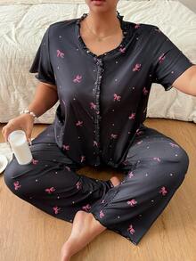 Napfluff CURVE Napfluff CURVE Conjunto de manga corta de punto acanalado con lazos en todo el diseño para mujer de talla grande - Negro - Ver 6