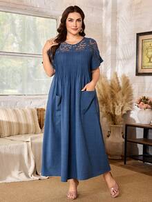 Lacomfia Damen elegantes minimalistisches gestreiftes Spitzen-Patchwork-Kleid mit aufgesetzten Taschen, locker und figurschmeichelnd, für den Sommer, Große Größen, Kurzarm - Blau - Übersicht 8