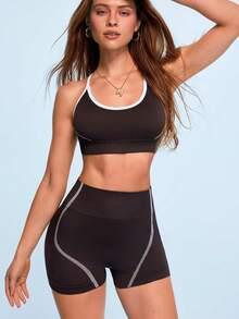 SHEIN Sovereign Charm 2pcs Seamless High Elastic Cross Back Sports Bra & Seamless Contrast Color Sports Shorts Set - Brown - View 3