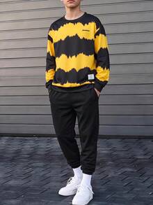 SHEIN 2pcs Setelan Anak Laki-laki Remaja Kasual Minimalis Modis dengan Motif Garis-garis Kontras Warna, Lengan Panjang, Kerah Bulat, Nyaman, dan Celana, Cocok untuk Musim Gugur/Dingin - Hitam - View 5