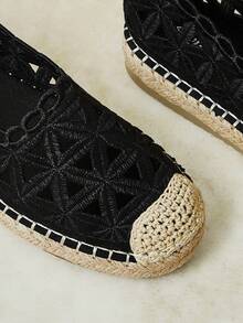Styleloop Ladies Black Summer Handmade Embroidered Thread Floral Hollow Hemp Rope Espadrilles Flats, Bohemian Style, Casual Vacation, Comfortable Commuter Fall Shoes - Black - View 7