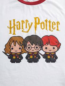 HARRY POTTER X SHEIN Tween Girl Contrast Trim Letter Cartoon Print Short Sleeve T-Shirt And Shorts Casual Daily Set - White - View 5
