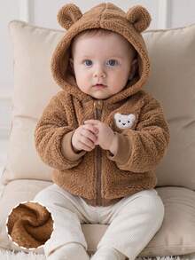 SHEIN Newborn Baby Fall Winter Hooded Fleece Brown Bear Ears Zipper Design Long Sleeve Fleece Outdoor Jacket - Khaki - View 3