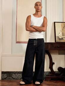 SWAVVY Pantalones anchos de hombre lavados en negro con diseño de hebilla con avión - Negro - Ver 4