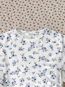 SHEIN 兒童青少年女孩小碎花圓領T恤短褲家居服套裝，休閒舒適居家服 - 藍色 - 查看 5
