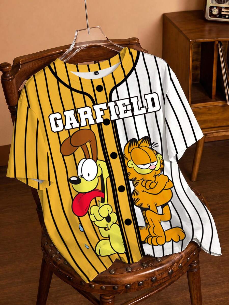 GARFIELD | SHEIN 大尺碼女款字母卡通印花休閒日常短袖T恤 - 白色 - 查看 1