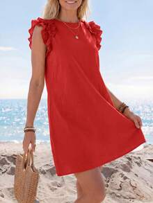 Sylviya Vestido mini festivo con diseño tejido de unicolor y ribete de volantes decorados para mujeres - Rojo - Ver 5