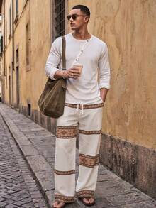 Ocevento Men's Cream Wide-Leg Pants With Colorful Geometric Woven Stripe Bands. Elastic Drawstring Waist In Lightweight Linen-Blend. Relaxed Resort Style For B - Khaki - View 5