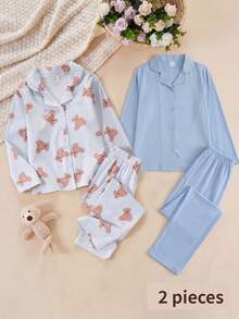 SHEIN 2件組少女休閒簡約可愛熊圖案長袖開襟衫與長褲居家服套裝 - 藍白色 - 查看 9