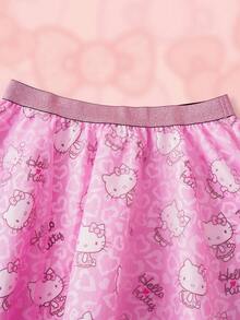 HELLO KITTY AND FRIENDS | SHEIN 休闲甜美芭蕾风格粉色网眼双层豹纹宽松A字裙，夏季 - 彩色 - 查看 3