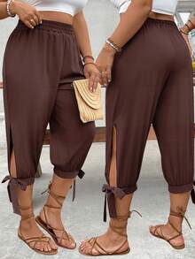 EMERY ROSE Plus Size High Waist Tapered Leg Tie-Up 7/10 Pants Spring Summer - Red Violet - View 1