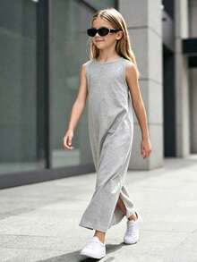Tween Girl Solid Color Round Neck Side Slit Hem Casual Sleeveless Dress - Grey - View 3