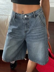 SHEIN 青少年女孩藍色牛仔寬鬆寬腿短褲 - 中等水洗藍 - 查看 3