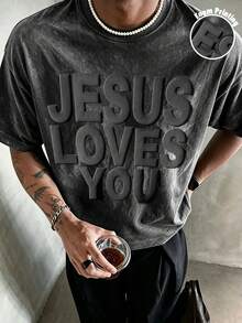 Manfinity Roghcode Unisex Washed Cotton T-Shirt, 3D Puff Print JESUS LOVES YOU, Short Sleeve, For Daily Wear, Church, Gift, Suitable For Men And Women - Black - View 3