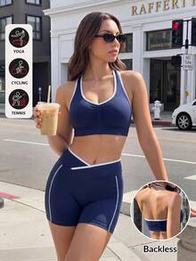 Gameset SHEIN Sport Seamless Sports Halter Neck Bra With Criss-Cross Waist Contrast Color Shorts - Navy Blue - View 3