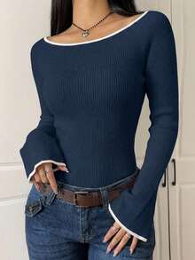 EURMUSE Fashionable Casual Ribbed Fitted Flare Sleeve Women Sweater - Navy Blue - View 5