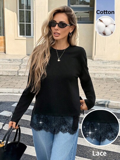 Serisse Women's Elegant Black Cotton Street Fashion Lace Patchwork Split Hem Round Neck Long Sleeve T-ShirtFor BrunchVacation Autumnwork Beachgoing Outschool