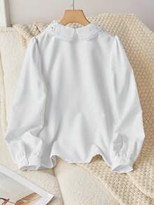 Tween Girls Girls' Back To School White Solid Color Collared Single-Breasted Regular Fit Shirt, Casual Commuter School Uniform Inner Layer, Embroidere - White - View 2