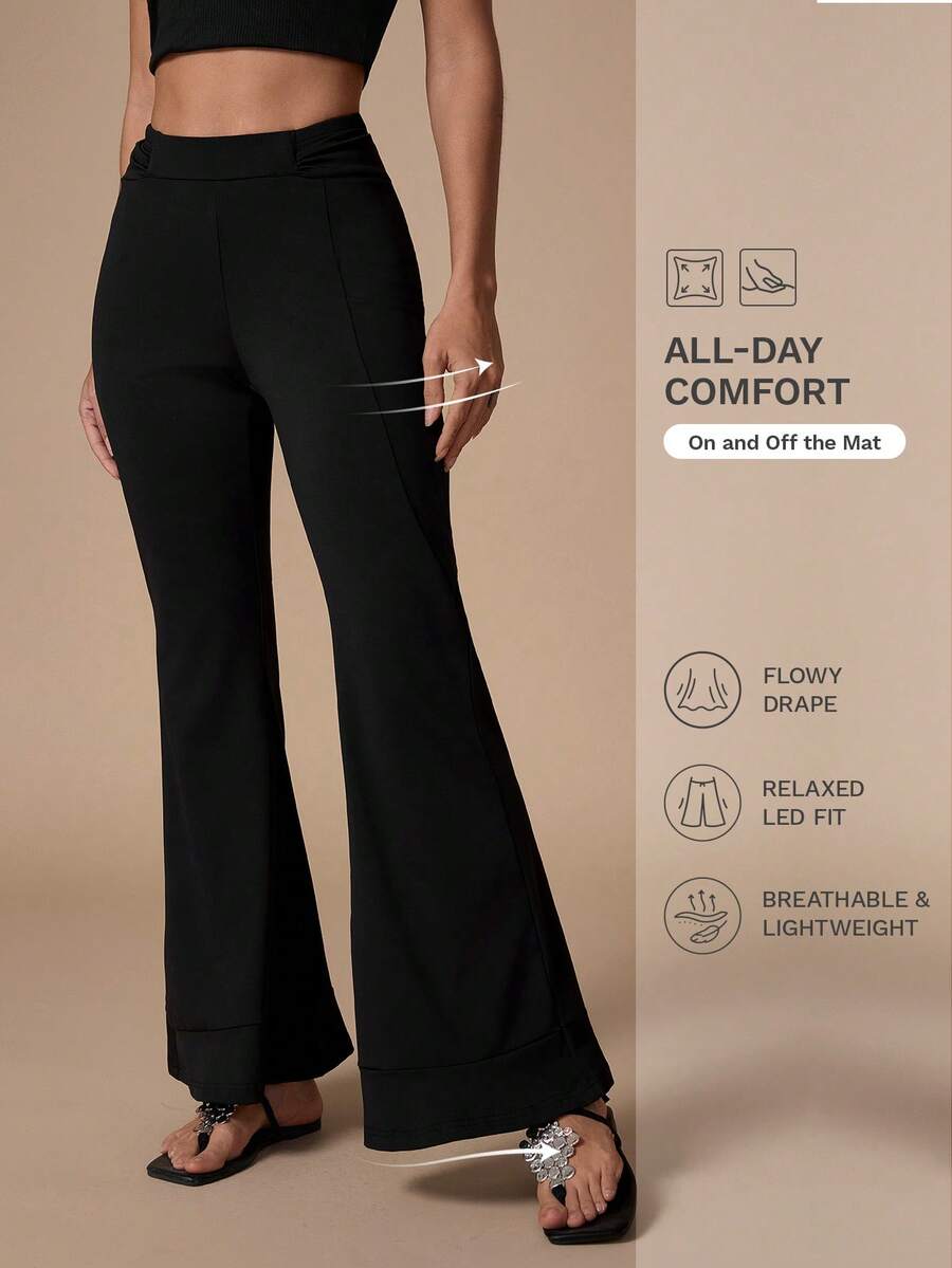 Nuvra Women's Solid Color Ruched Waist Casual Basic Flare Leg Pants Pilates Office Black Autumn - Black - View 1