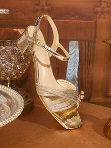 CUCCOO TILAWA Women's Solid Color Rhinestone Decor Square Toe Elegant High Heel Sandals - Champagne - View 3
