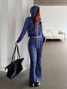 K-Vae Celana Panjang Wanita Biru Tua Motif Bunga Kecil dengan Tali Serut, Model Bell Bottom Kasual yang Melangsingkan, Gaya Baru yang Serbaguna - MultiWarna - View 4