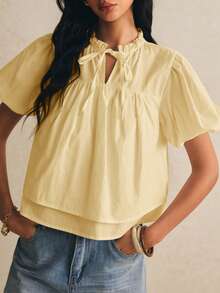 Poéselle Women's Summer Casual Solid Color Petal Sleeve Blouse - Light Yellow - View 4