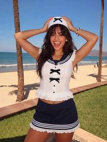 Sweetina Minimalist Sexy Navy Style Ruffle Trim Top & Contrast Color Bodycon Skirt Women 2 Pieces Set - White - View 3