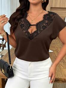 Weeklong Plus Size Women's Spring/Summer Lace Trim Patchwork Contrast Color Casual Vacation Blouse - Brown - View 4