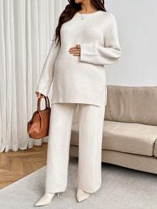 SHEIN Maternity Solid Color Crew Neck Side Slit Hem Sweater And Adjustable Waist Knit Long Pants Casual Set Winter - Apricot - View 5