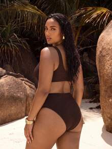 Swim Chiccia Plus Size Vacation Beach Metal Decor Swimwear Set - Brown - View 2