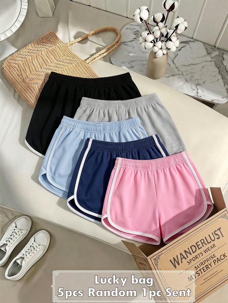 SHEIN 青少年女孩休閒返校運動風條紋拼色對比滾邊鬆緊腰短褲 - 粉色 - 查看 1