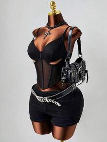 Flirla Plus Size Women's Sexy Mesh Patchwork Hollow Out Bustier Crop Top For Casual OutingsValentine's Day - Black - View 5